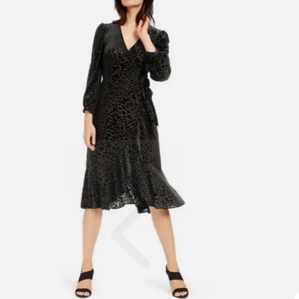 NWT CALVIN KLEIN - Black Velvet Leopard print Faux Wrap Flounce Dress sz 2 - Picture 15 of 15